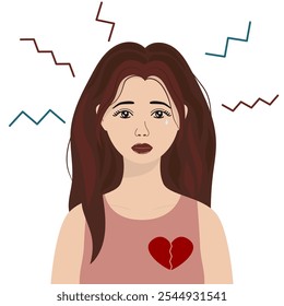 Young woman with heartbroken broke up with her boyfriend after an argument. Girl with heartbroken suffers after her divorce from her fiance. Need for psychological support. Vector flat illustration