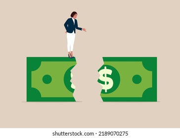 Young woman in heavy at financial chasm. Concept business vector illustration.