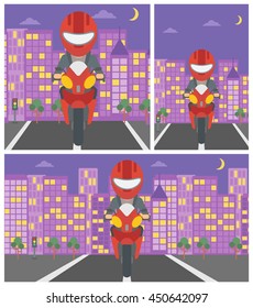 Young woman in helmet riding a motorcycle on the background of night city. Woman driving a motorbike on a city road. Vector flat design illustration. Square, horizontal, vertical layouts.