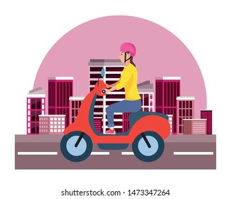 Young woman with helmet riding scooter motorcycle on the city, urban scenery background ,vector illustration graphic design.