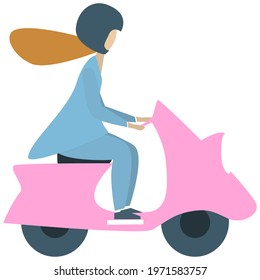 Young woman in helmet riding a scooter. Isolated vector illustration on white background. Flat style.