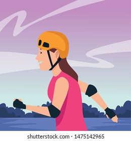 Young woman with helmet riding skates cartoon in the park outdoors scenery ,vector illustration graphic design.