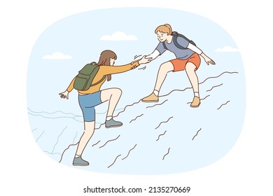 Young woman help friend climb mountain hiking together in wild nature landscape. Attentive girl stretch give hand to girlfriend in need trekking or mountaineering. Friendship. Vector illustration. 