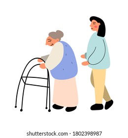 Young woman help grandmother with walker. Hand drawn flat illustration on white background. 
