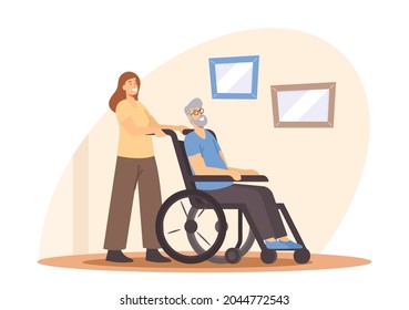 Young Woman Help to Old Disabled Man at Home or Nursing House. Nurse or Social Worker Care of Sick Senior Driving on Wheelchair, Residential Healthcare, Medical Aid. Cartoon People Vector Illustration