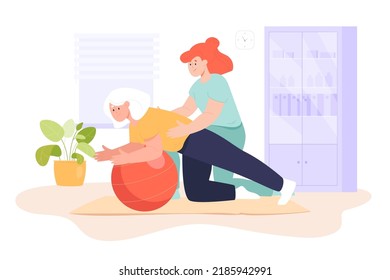 Young Woman Helping Old Patient During Physical Therapy. Therapist Helping Senior With Ball Exercises At Rehabilitation Hospital Flat Vector Illustration. Elderly Care, Rehab, Healthcare Concept