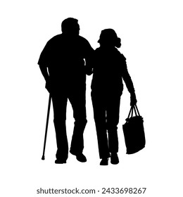 Young woman helping senior man with cane to carry shopping bag vector silhouette.