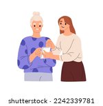 Young woman helping senior old grandmother to use mobile phone, modern technology. Daughter teaching aged elderly mother with smartphone. Flat graphic vector illustration isolated on white background