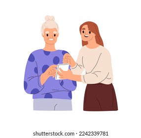 Young woman helping senior old grandmother to use mobile phone, modern technology. Daughter teaching aged elderly mother with smartphone. Flat graphic vector illustration isolated on white background