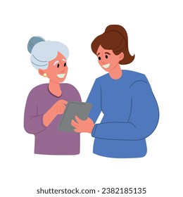 Young woman helping senior old grandmother to use mobile phone, modern technology. Daughter teaching aged elderly mother with smartphone. Flat graphic vector illustration isolated on white background