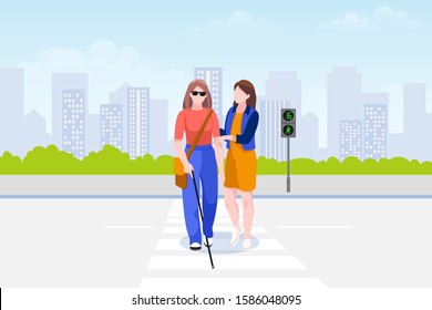 Young woman helps blind woman with stick cross the road. Taking care of disability handicapped people. Vector flat cartoon illustration. Social support concept