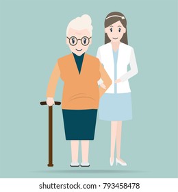 Young woman helps elderly patient icon, medical care concept