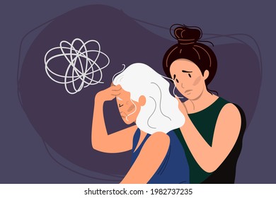 Young Woman Helps Eldery Gray-haired Woman With Dementia And Bewildered Thoughts In Her Mind. Concept Of Memory Loss Anf Fight With Amnesia And Mental Disorder. Vector Illustration.