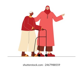 Young woman helps a grandmother who walks using a walker, diversity vector illustration.