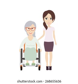 Young Woman Helps Her Disabled Grandma on a Wheelchair. Vector Flat Illustration.