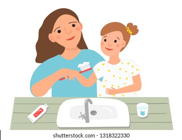 A young woman helps her smiling daughter brush her teeth at the bathroom sink. Mother holds together with the child a red toothbrush with white toothpaste. Vector cartoon illustration.