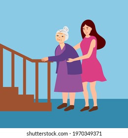 Young woman helps old lady walking upstairs in flat design. Kindness to senior people. Generosity.