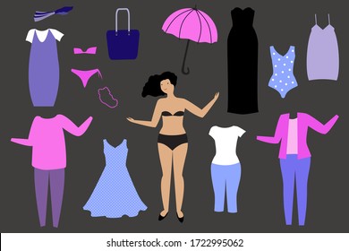 Young woman and her basic summer wardrobe. Basic  women's clothing set.  Flat vector illustration.
