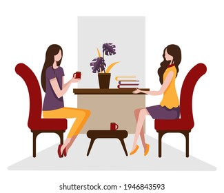 The young woman and her best friend sat in a chair talking about the finished book. And sipping coffee as well. vector illustration flat design