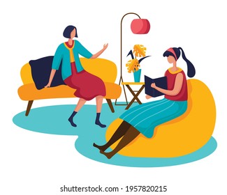 The young woman and her best friend sat in a chair talking about the finished book. vector illustration flat design