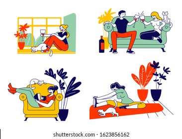 Young Woman And Her Cat Set. Girl Spend Time At Home Alone And Dating With Boyfriend, Drinking Wine, Doing Fitness Workout Exercising, Reading Book With Pet. Cartoon Flat Vector Illustration, Line Art