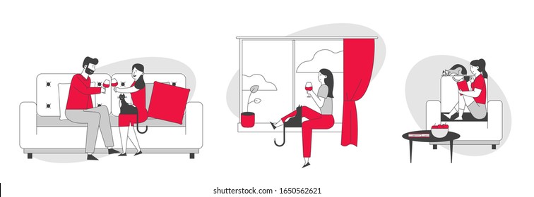 Young Woman and her Cat Set. Girl Spend Time at Home Alone and Dating with Boyfriend, Drinking Wine, Reading Book with Pet. Weekend Leisure, Relax Sparetime. Cartoon Flat Vector Illustration, Line Art