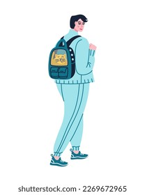 Young woman with her cat sitting in a portable pet travel backpack. Female owner with a kitten in a carrying bag. Vector flat illustration