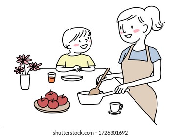 Young woman and her child preparing meal together at  dining table. Happy mother ladling soup from pot while little son talking cheerfully nearby her. Mom and little boy preparing food together.