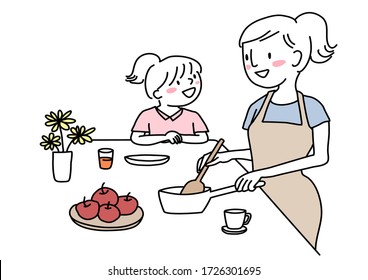 Young woman and her child preparing meal together at  dining table. Happy mother ladling soup from pot while little daughter talking cheerfully nearby her. Mom and little girl preparing food together.
