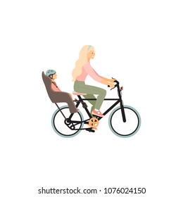 Young woman and her child riding on bicycle. Vector.