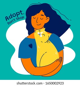 Young woman and her cute cat portrait isolated on color background. Cat lover concept. Happy domestic cat owner. 