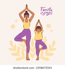 Joven y su hija haciendo yoga. La familia pasa tiempo juntos. Mamá acompaña al niño en estiramientos. Ilustración vectorial plana en estilo minimalista para tarjeta, sitio web, medios sociales o impresión. 