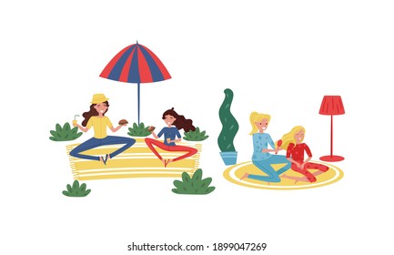 Young Woman with Her Daughter Having Picnic Outdoor and Brushing Hair Vector Illustration Set