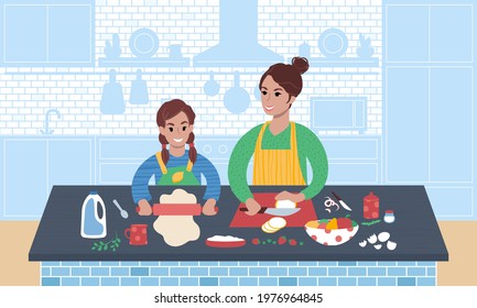 Young woman and her daughter preparing food together. Teaching child to cook. Mother and daughter time in the kitchen. Flat style vector illustration.