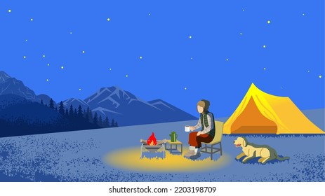 Young woman and her dog enjoying night camp in autumn