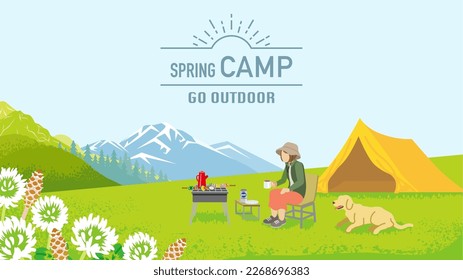 Young woman and her dog enjoying camp in spring nature - Included words