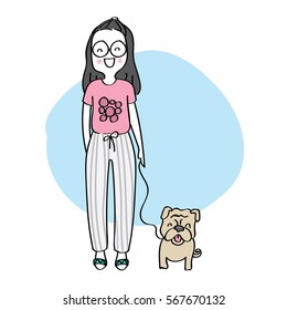 Young woman with her dog, Hand drawn, Doodles design vector illustration