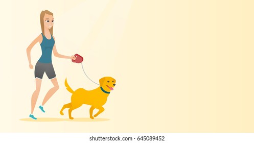Young woman with her dog. Happy woman taking dog on walk. Caucasian woman walking with her small dog. Smiling woman walking a dog on leash. Vector flat design illustration. Horizontal layout.