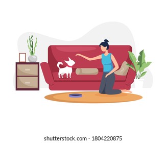 Young woman with her dog at home. Young woman playing with dog in the living room. Woman spends time with her pet at home, Illustration of a woman playing with a dog. Vector in flat style