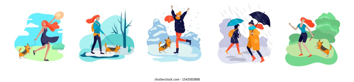 Young woman with her dog in various weather conditions. Girl in seasonal clothes and enjoys walking on street in rain, snowfall, summer heat. Colorful vector cartoon illustration
