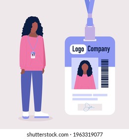 Young Woman And Her Employee Id Badge. Customized Name And Photo. Colorful Flat Vector Illustration