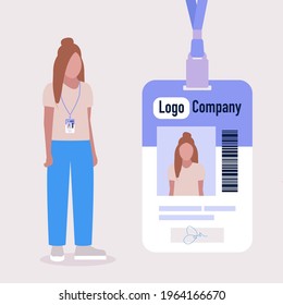 Young woman and her Employee Id badge. Customized Name and Photo. Colorful flat vector illustration