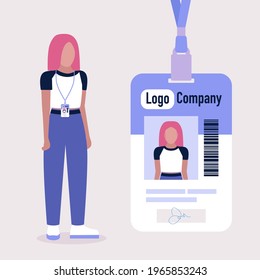 Young woman and her Employee Id badge. Customized Name and Photo. Colorful flat vector illustration