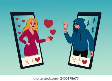 Young woman and her fake boyfriend on screens of mobile phones a