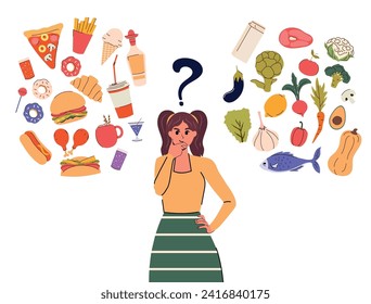 Young woman with her hair in a skirt and blouse, she compares healthy and fast food in her head. Thoughts on fresh and junk food. Proper nutrition and balanced food. Food selection concept. Choice. 