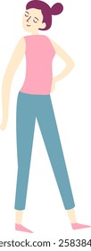 Young woman with her hair tied up in a bun, wearing a pink sleeveless top and teal pants, stands with one hand on her hip, exuding confidence and enjoying a moment of relaxation