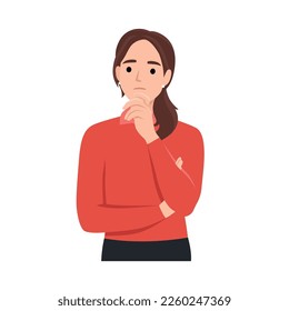 Young woman with her hand on her chin showing a thought, thinking, or having a question. Flat vector illustration isolated on white background