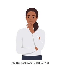 Young woman with her hand on her chin showing a thought, thinking, or having a question. Flat vector illustration isolated on white background
