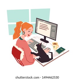 A young woman at her home office with her cat. Happy pet and its owner lifestyle. Modern cartoon vector illustration.