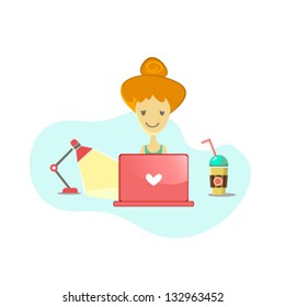 Young woman and her laptop at home, vector illustration about female working or surfing internet